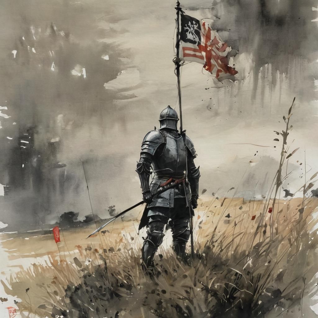 Medieval Knight with Flag in Sumi-e Style