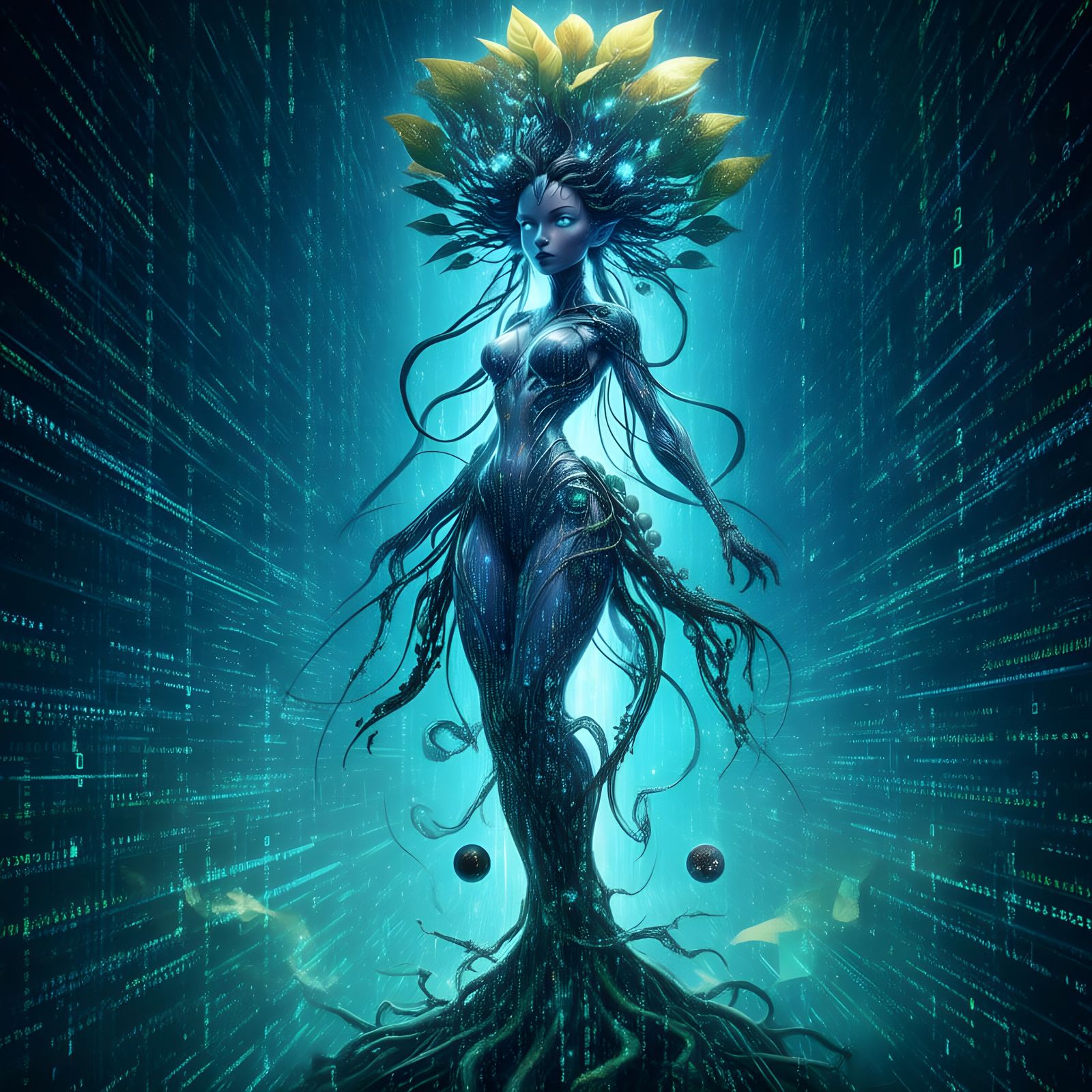 Cosmic Goddess of Bioluminescent Flowers in Deep Space