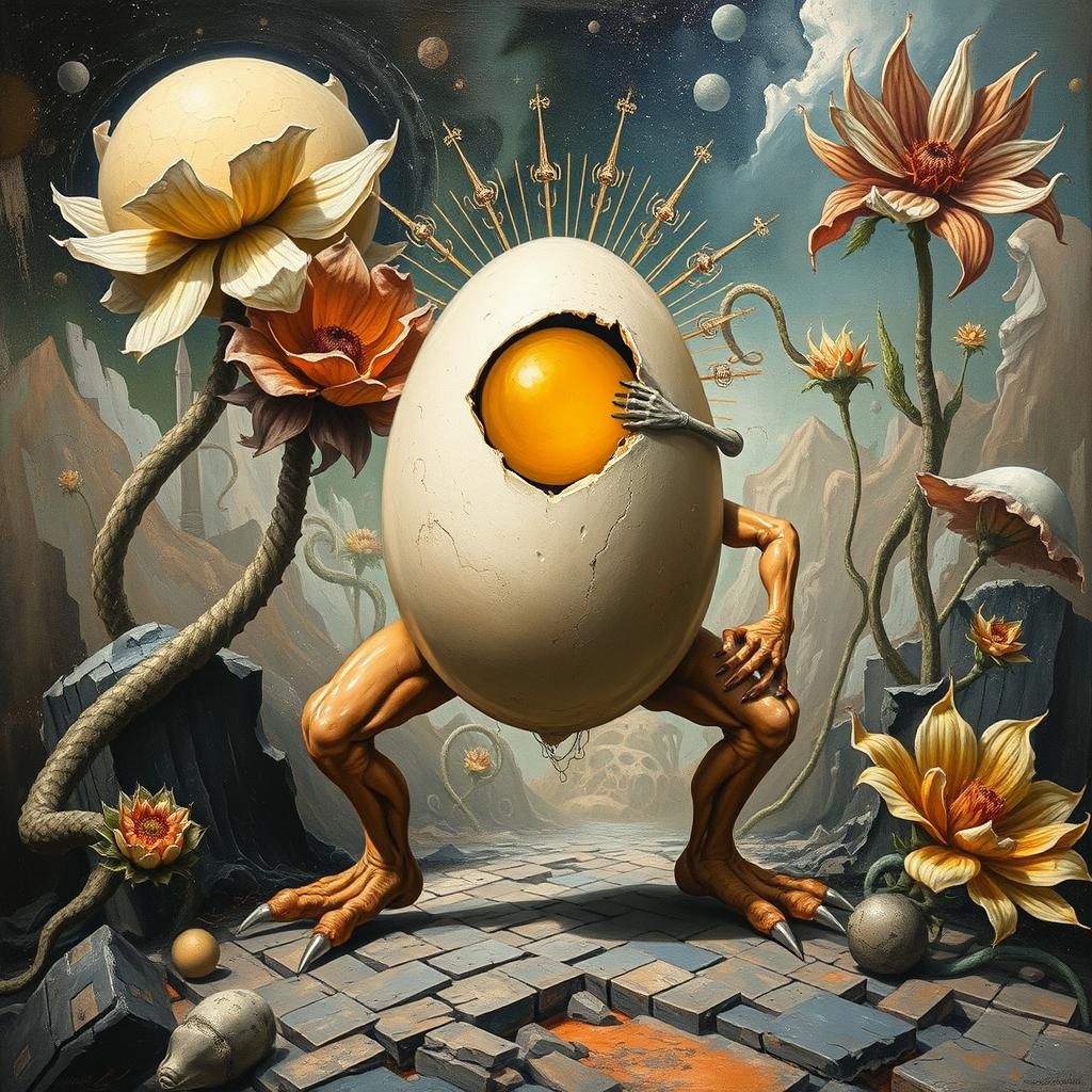 Furious Egg in Surreal Impasto Heavy Metal Landscape