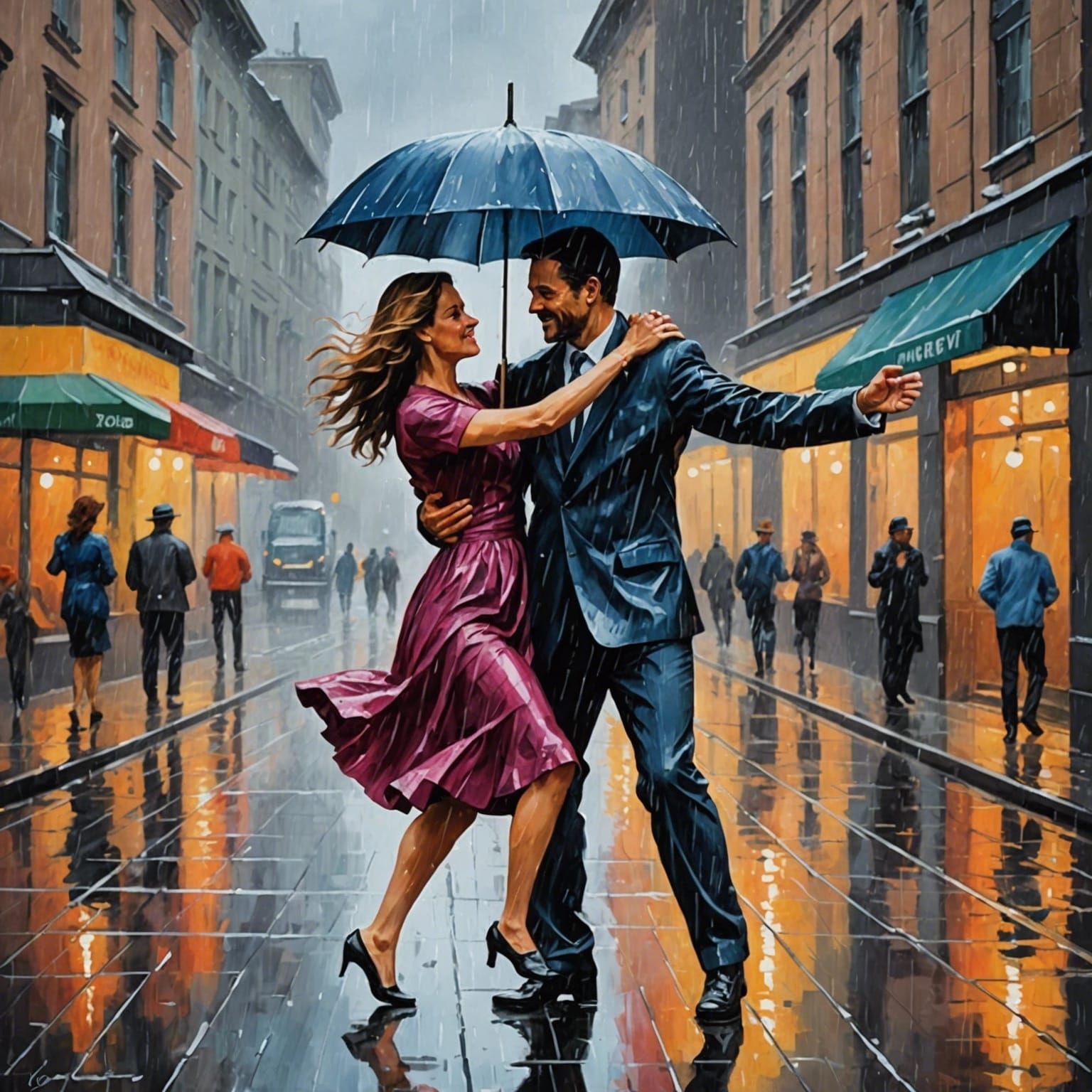 Couple Dancing in Rain, Gouache Watercolor Painting