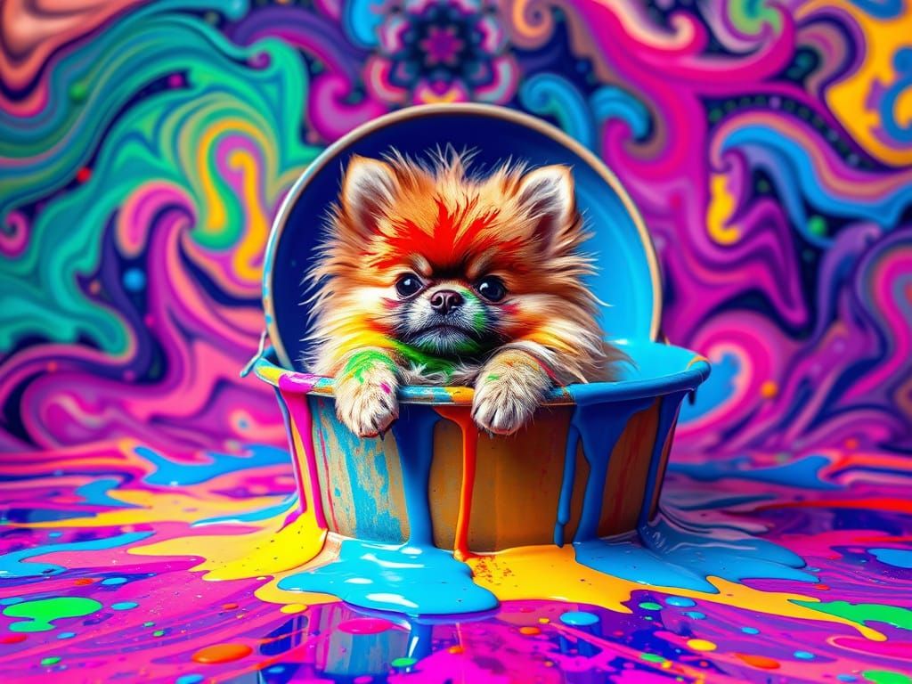 Vibrant Pomeranian in Cosmic Paint Splash