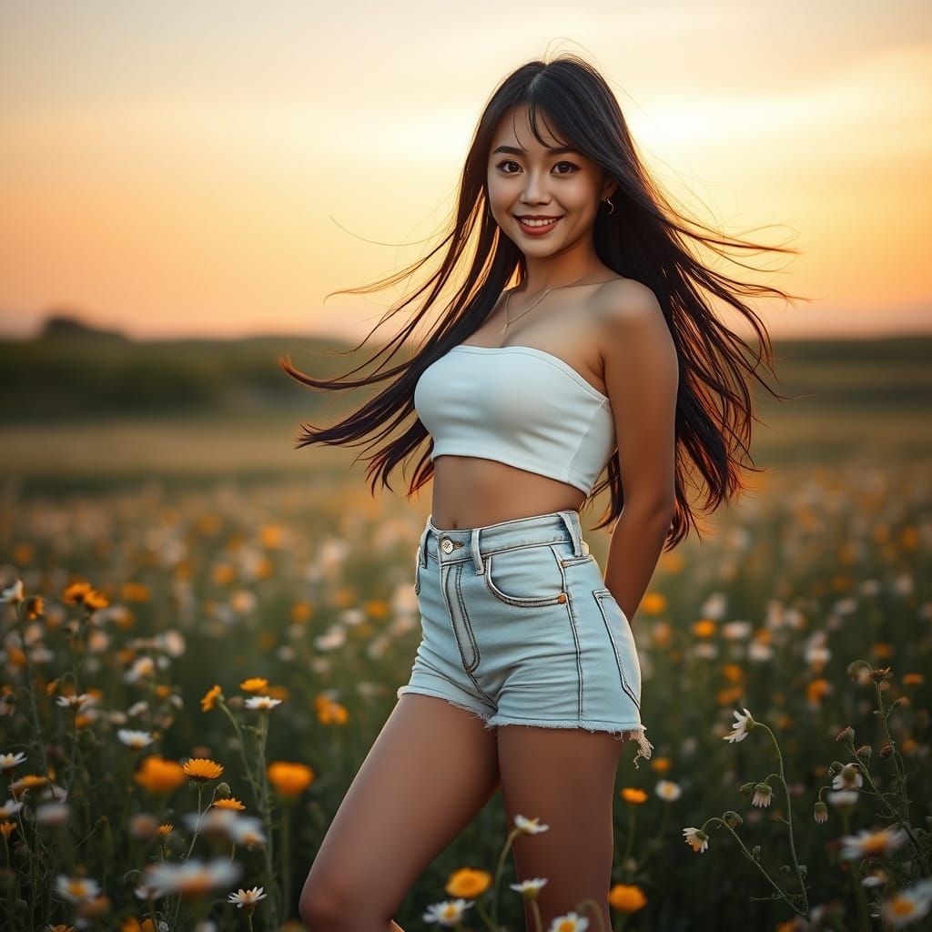 Smiling Japanese Woman in Wildflower Field at Dawn