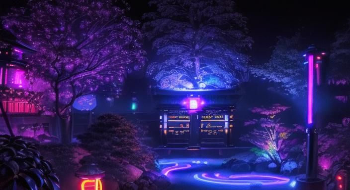 Neon Japanese Garden at Midnight