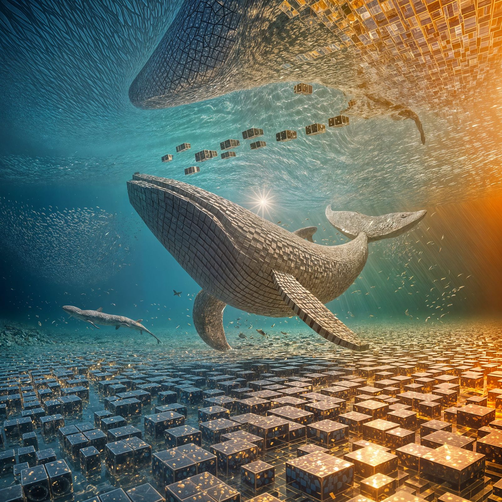 Whale Made of Interlocking Cubes Glides through Glassy Ocean