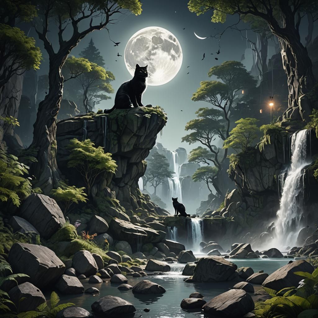 Cat Shadow Forest: Detailed Matte Painting in Deep Color