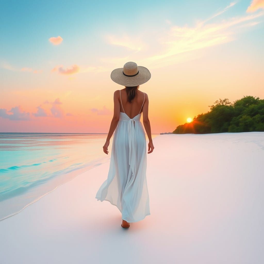 Serene Woman on Dreamy Pink Beach at Sunset