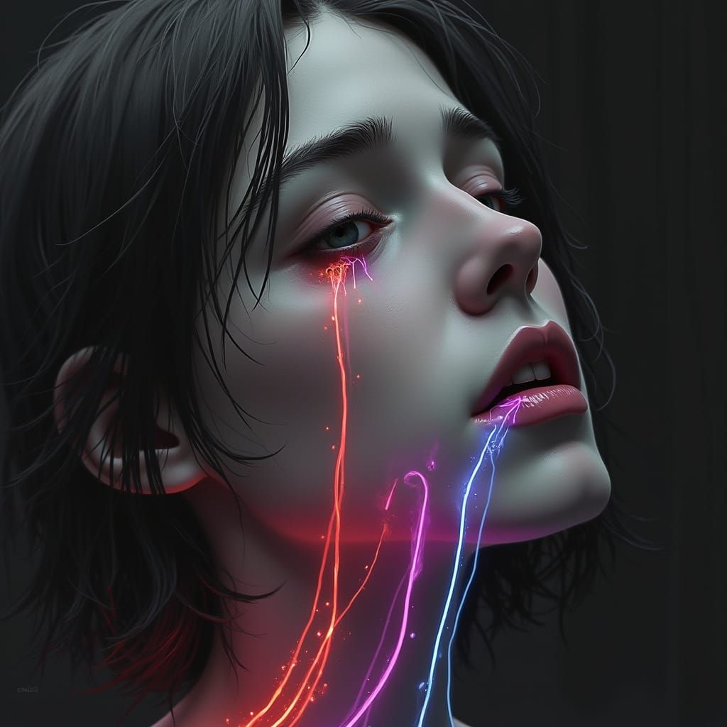 Sorrowful Face Crying Neon Rivers: Digital Art