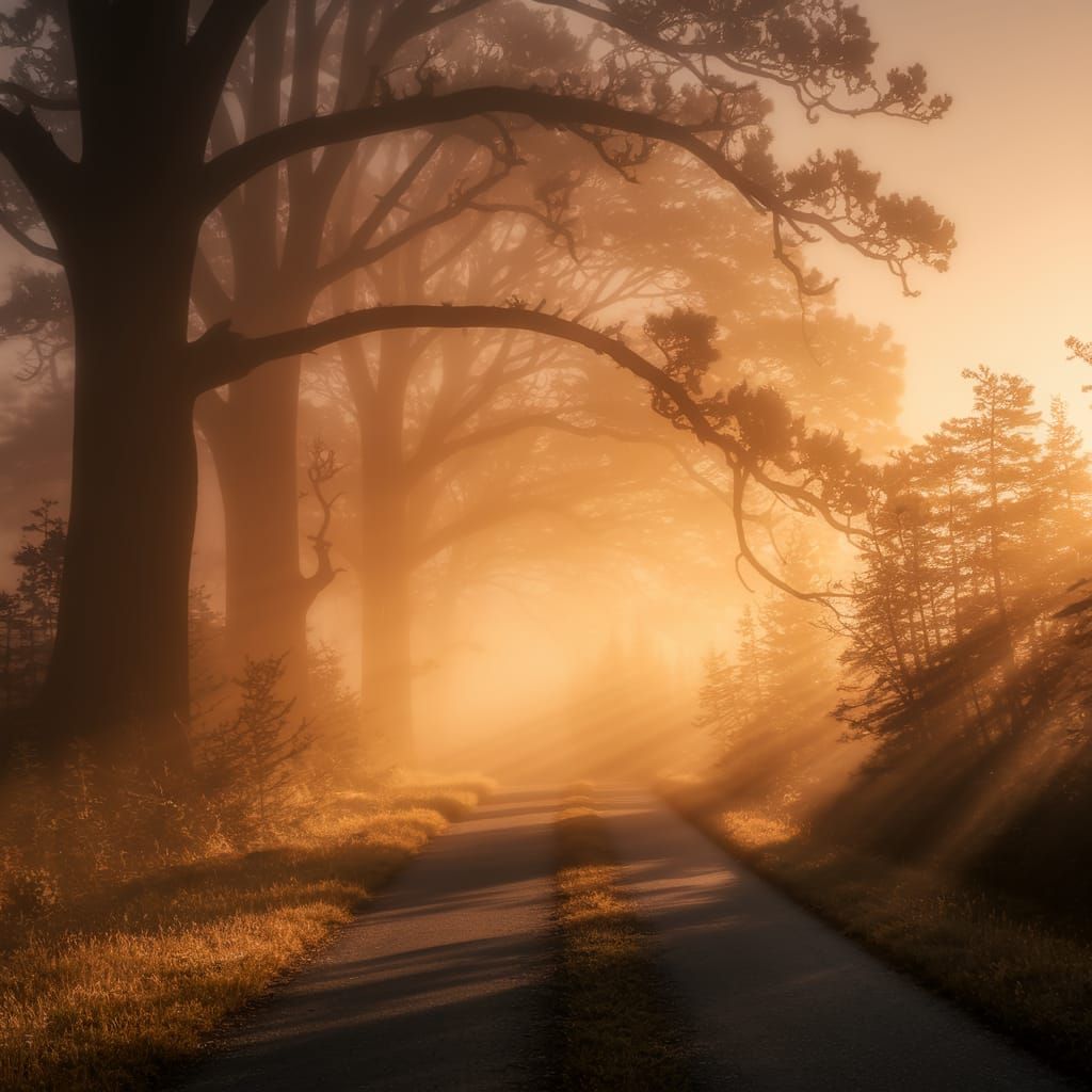 Ethereal Forest Path in Golden Afternoon Light