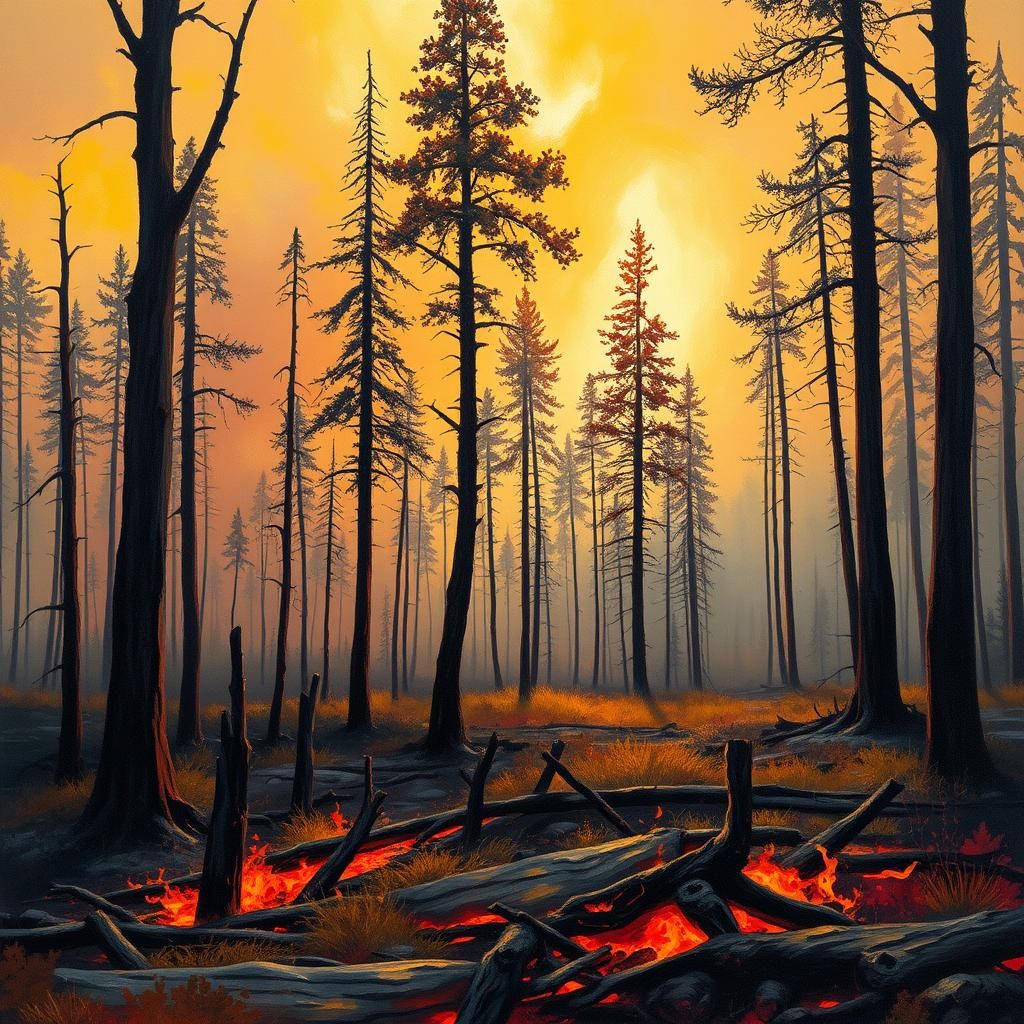 Forest Fire Aftermath in Oil Painting Style