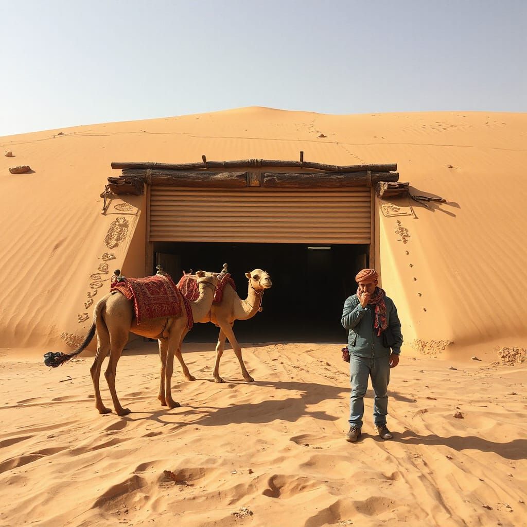 Desert Garage Oasis with Camel Caravan