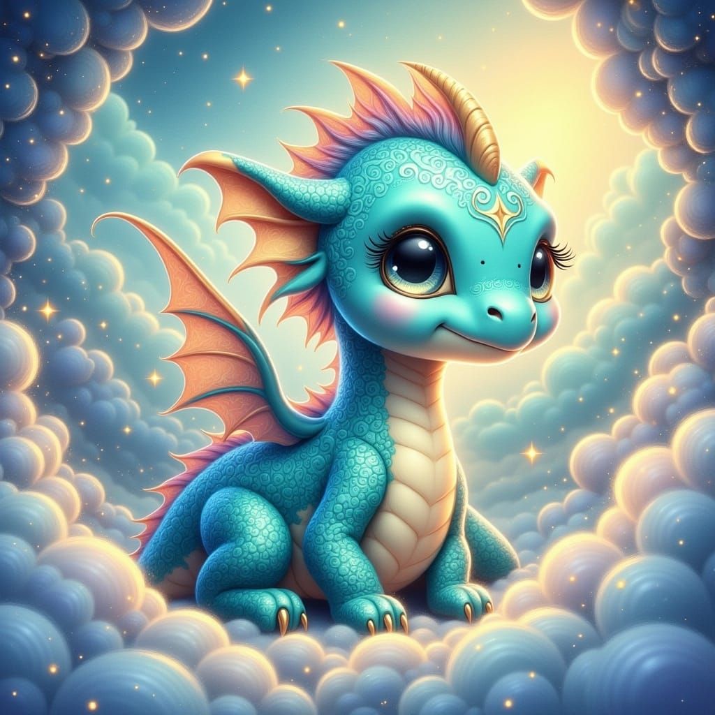 Iridescent Aquarius Dragon Hatchling in Dreamlike Setting