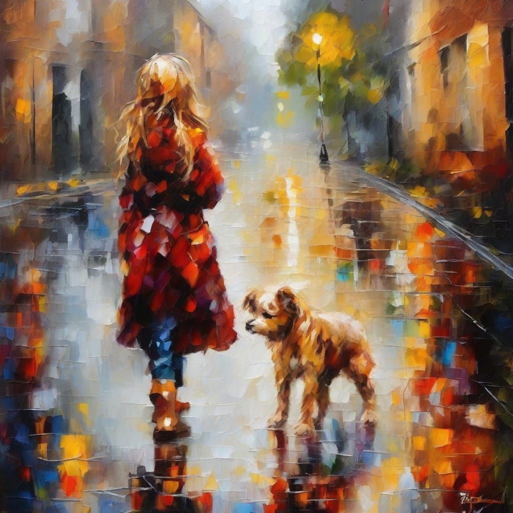 Vibrant Street Scene with Joyful Girl and Dog