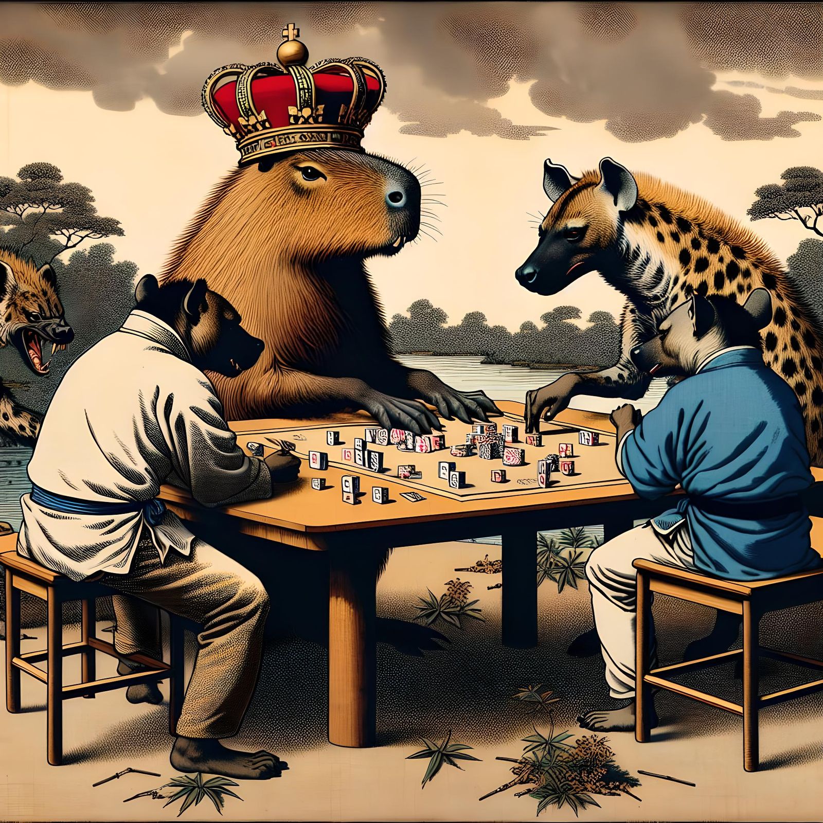 A capybara with a crown on her head plays intellectual game at the table with her hyena friends