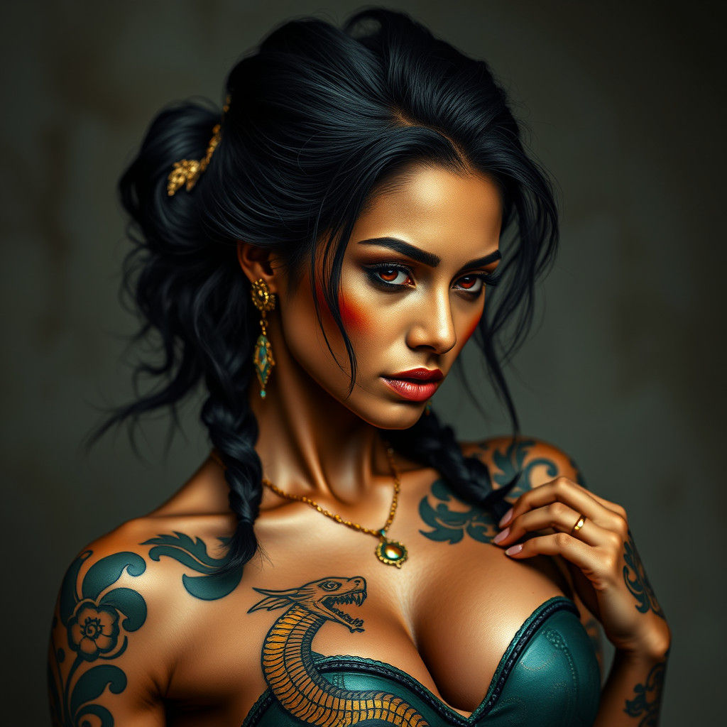 Brazilian Woman with Dragon Tattoo in Hyperrealistic Style