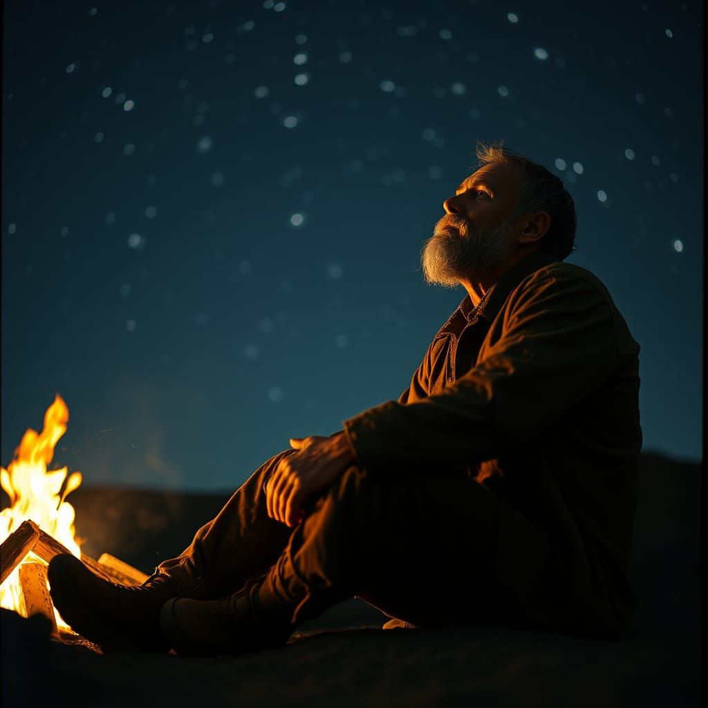 Bushman Contemplates Starry Night in Cinematic Style
