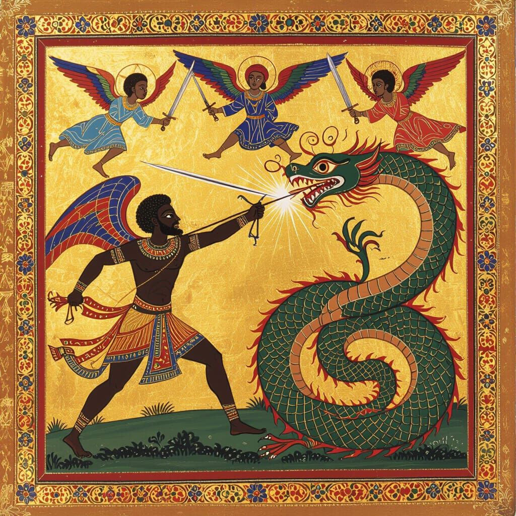 Ethiopian Icon Style Battle: Hero Defeats Fiery Serpent King