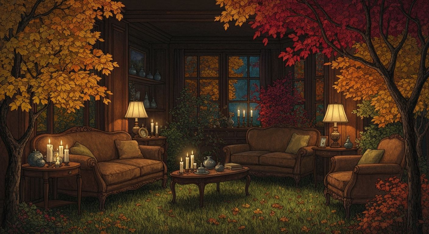Victorian Living Room Blends Autumn Garden in Candlelight