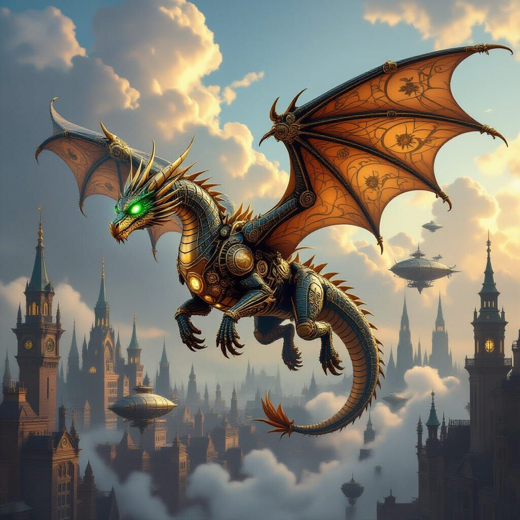 Majestic Clockwork Dragon in Steampunk Victorian Sky