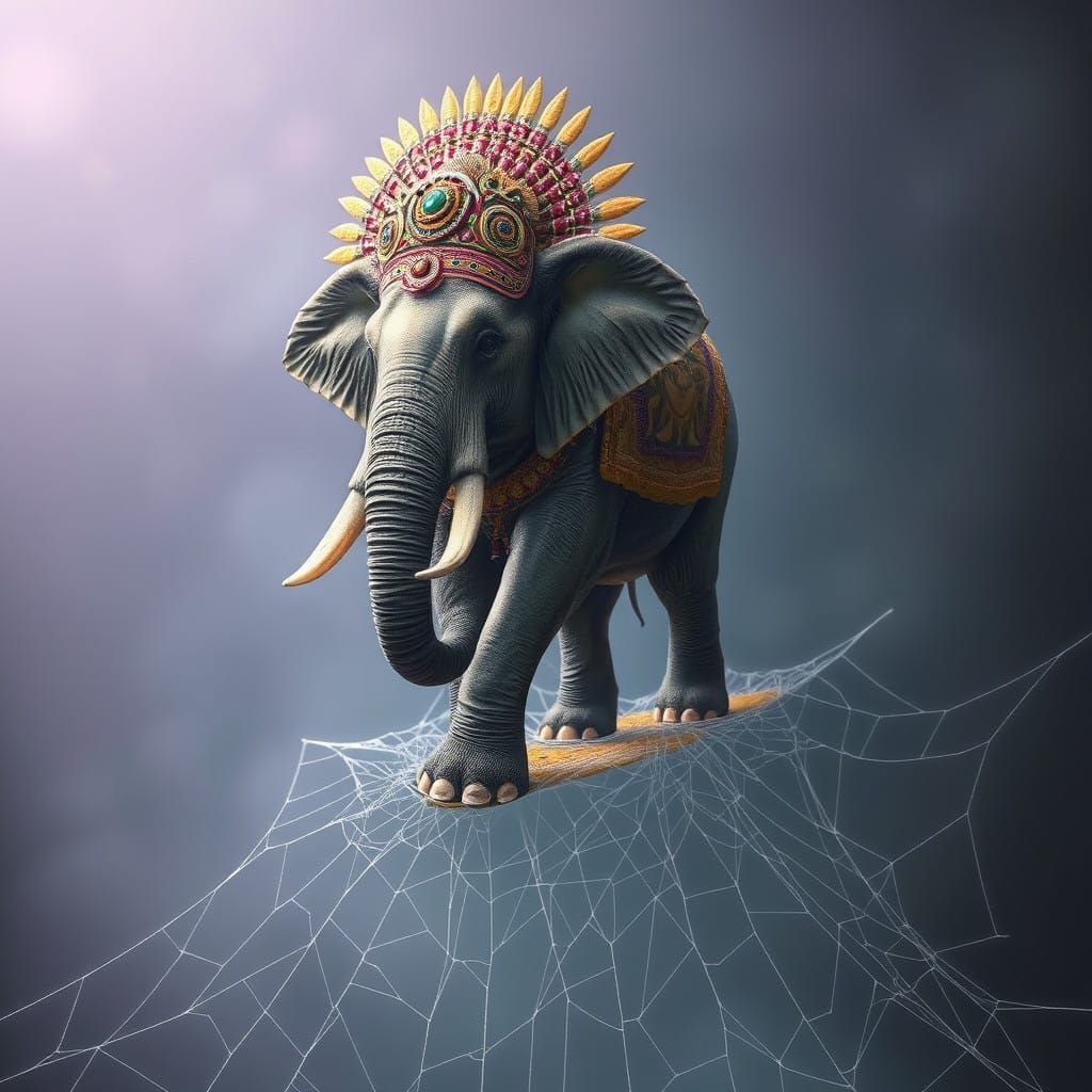 Elephant in Beaded Headdress Sways on a Shimmering Cobweb
