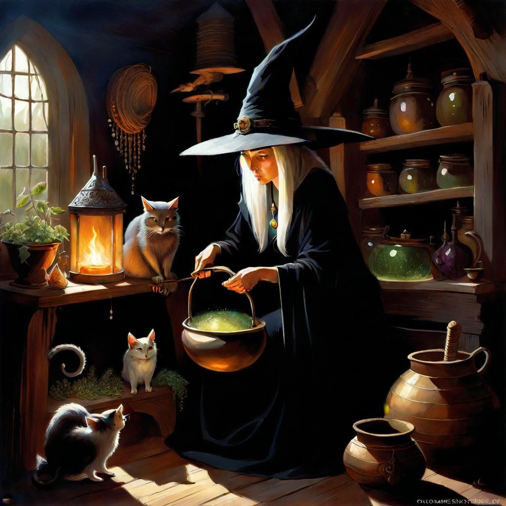 Mysterious Old Witch in Dusty House with Familiar Spirits