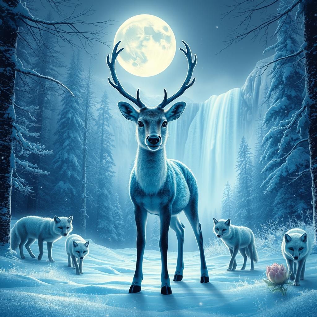 Luminous Reindeer in Winter Forest, Digital Illustration