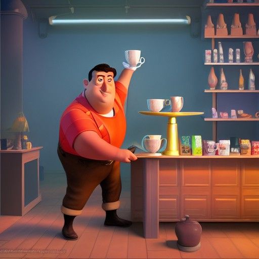 Hunky Shopkeeper Sipping Tea: Pixar-Style 3D Art