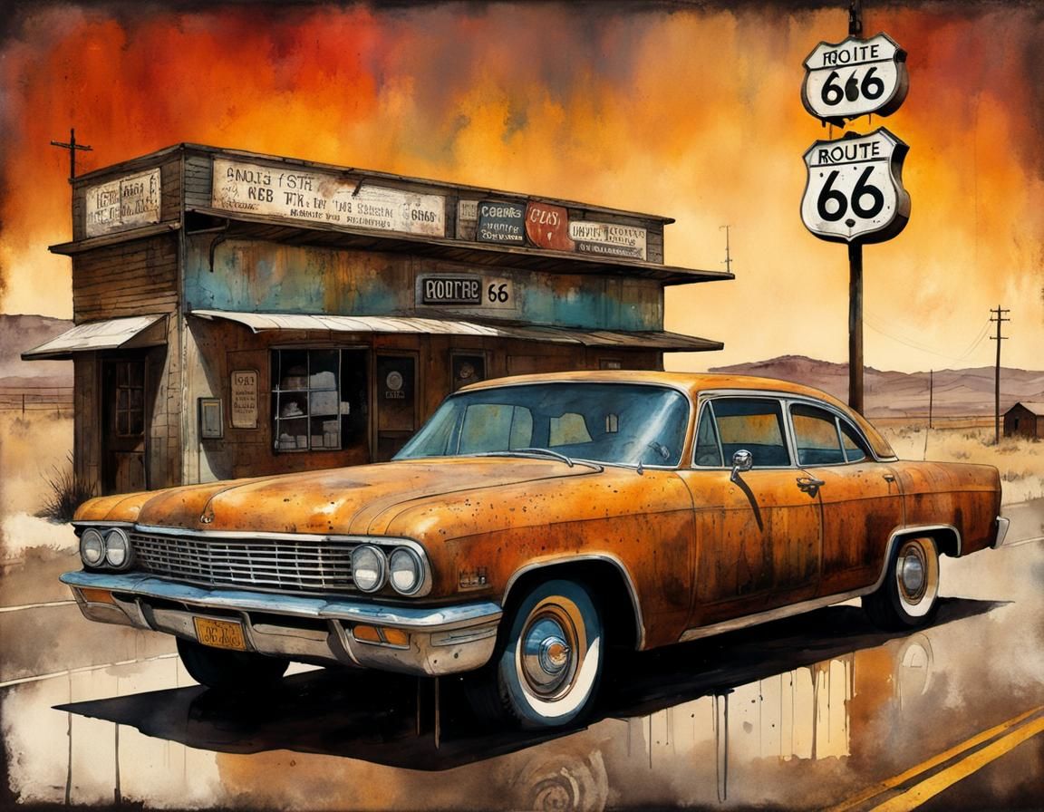 Route 66 Fantasy Art in Watercolor Style