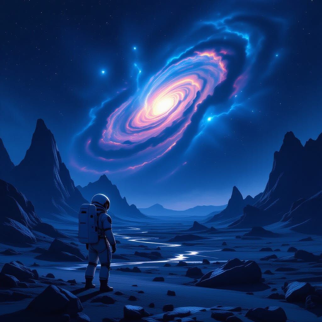 Astronaut Gazes at Bioluminescent Nebula on Alien World