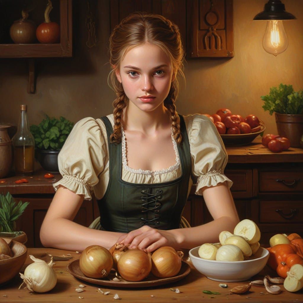 Dirndl Girl Cutting Onions: Oil Painting