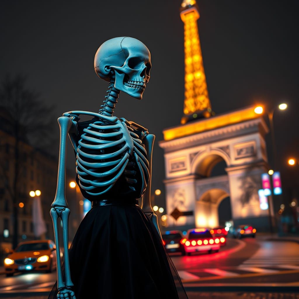Skeleton Woman in Paris at Night in 8k