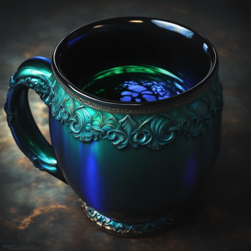 Gothic shimmery emerald green mug with shimmery vibrant blue...