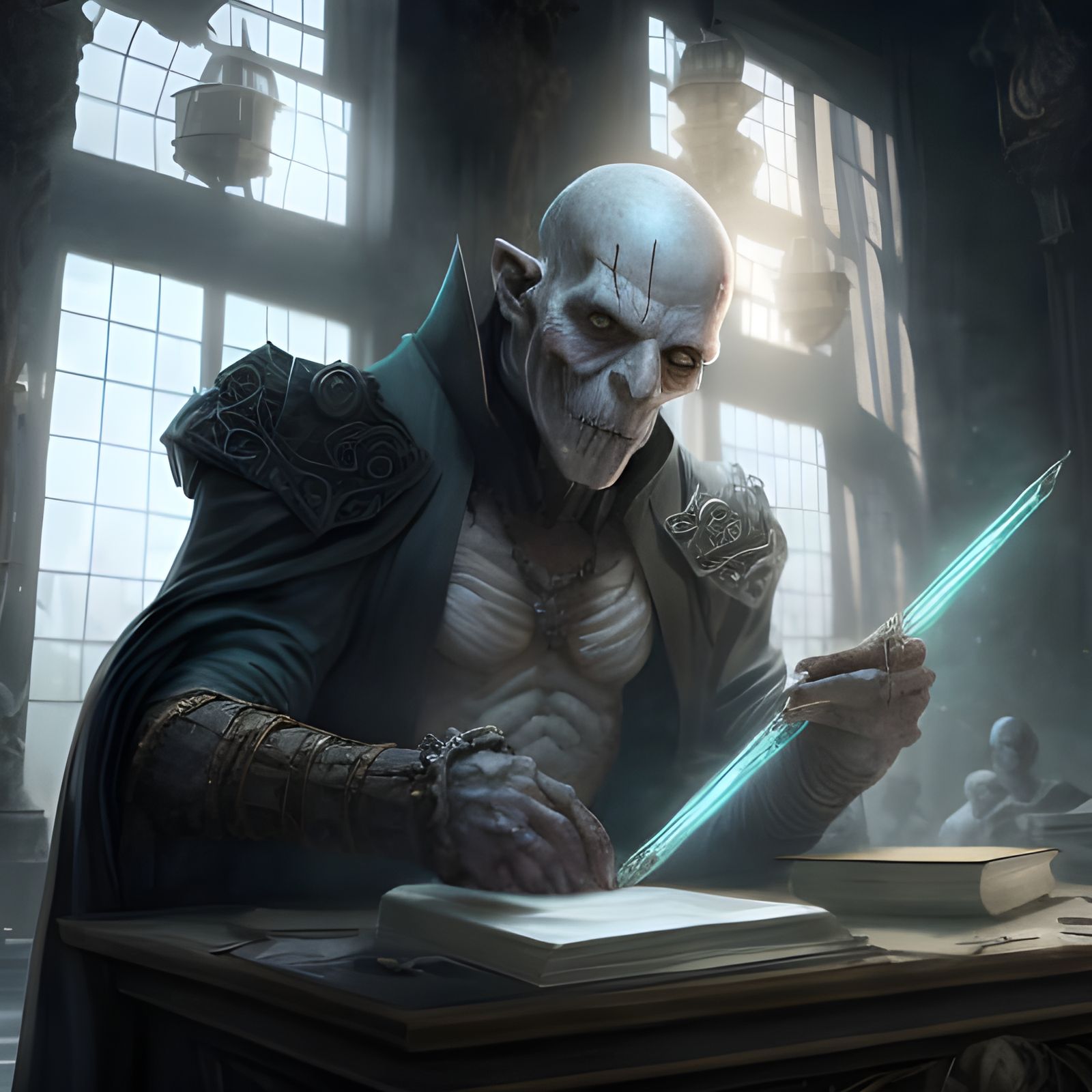 Ominous Dark Elf Grades Papers: Detailed Matte Painting