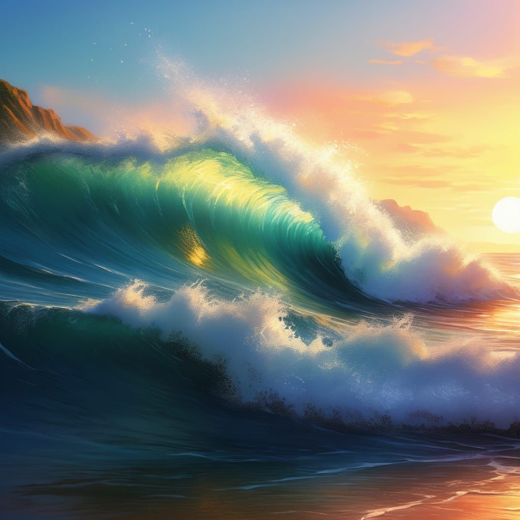 Golden Hour Wave Mobilization in Impressionist Style