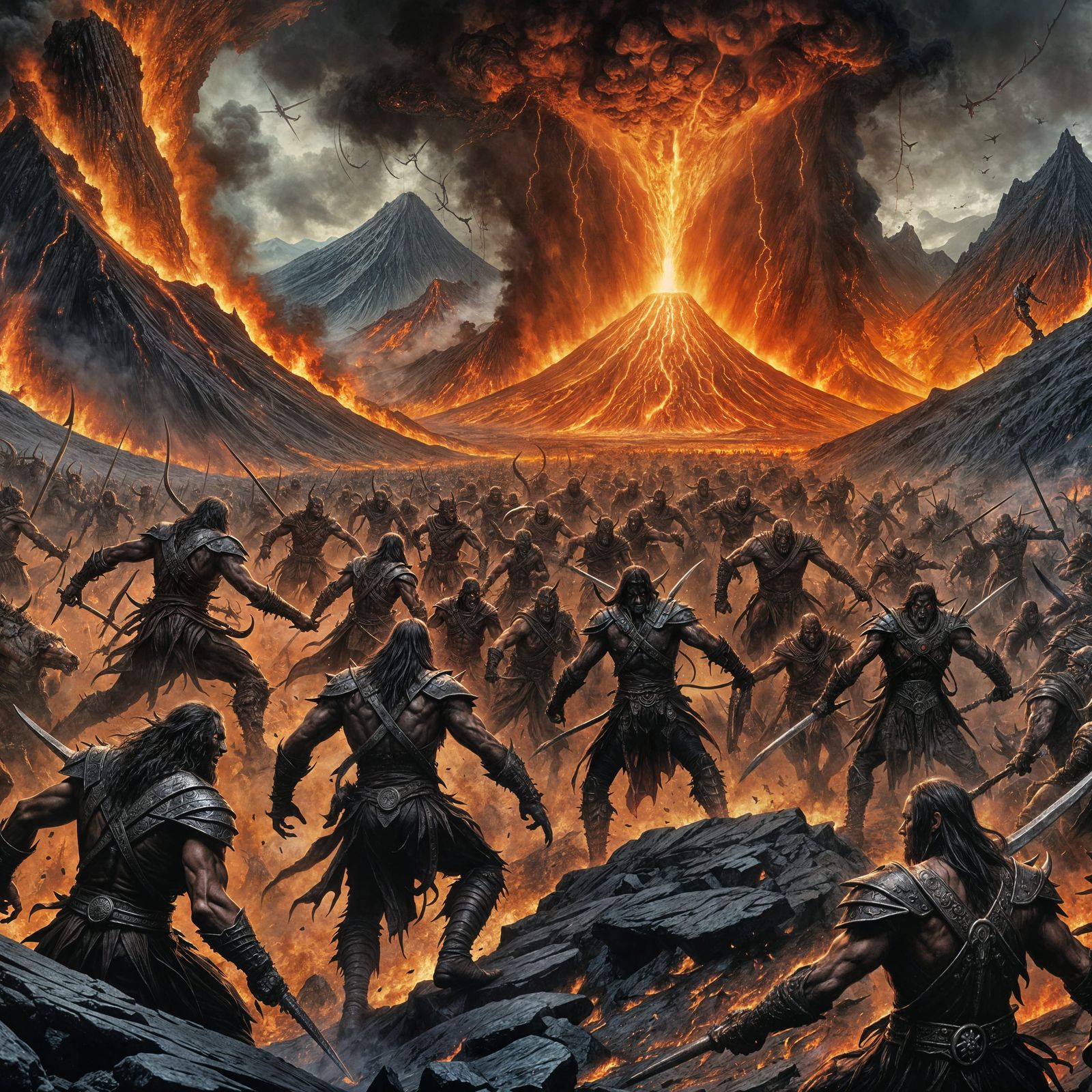 Demonic Horde Descends Volcano in Dark Fantasy Style