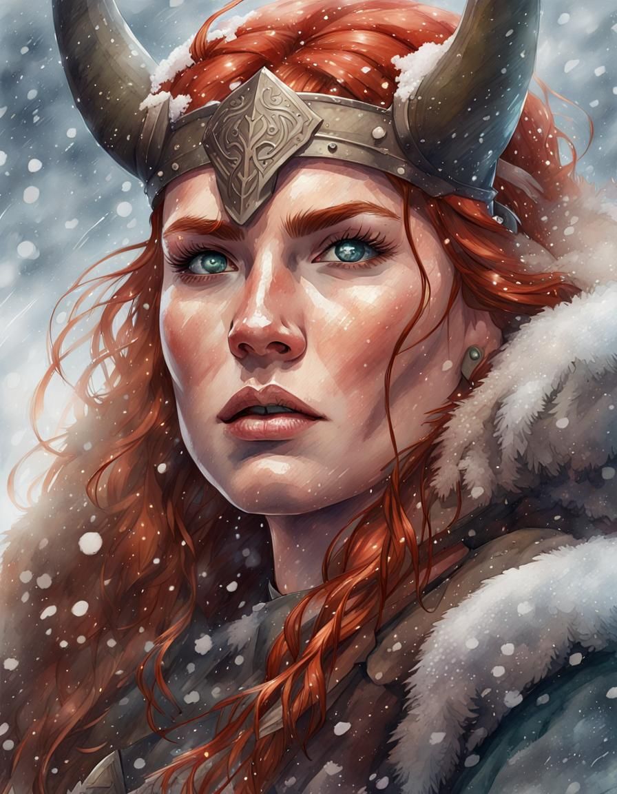Viking Warrior Woman Portrait in Watercolor Style