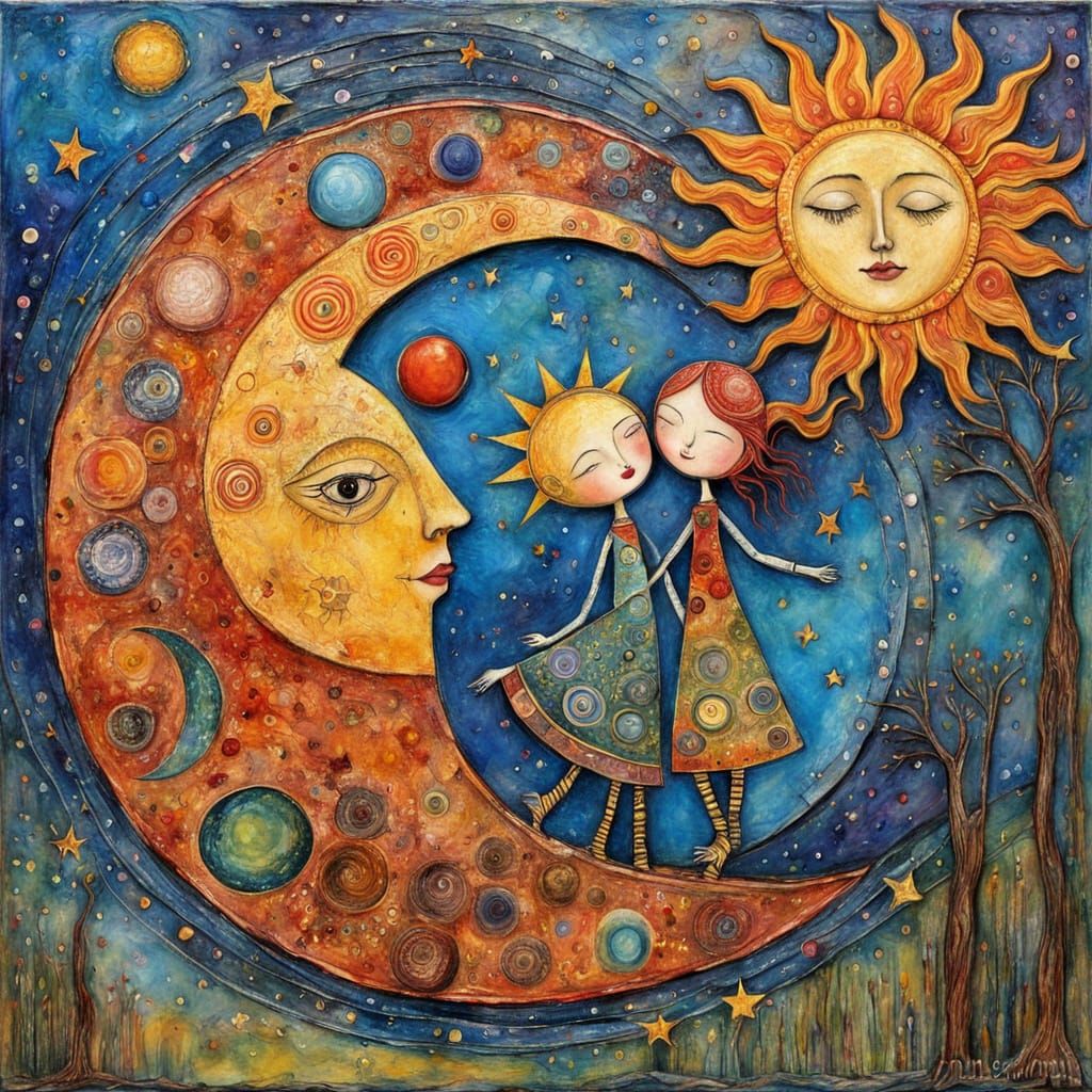 Sun and Moon Dance in Solar System, Naive Encaustic Painting