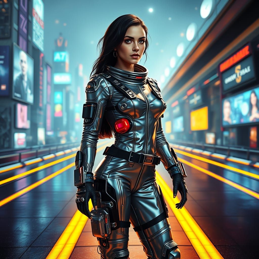 Cyberpunk Woman Stepping into Futuristic Metropolis