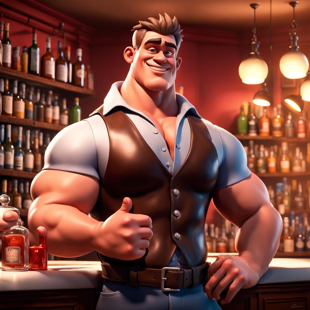 Muscular Barman in Leather Vest: 3D Digital Art