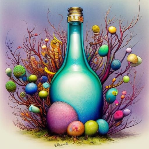 Pastel Creatures in Glass Bottle, Fantastical Art