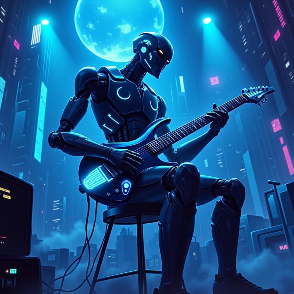 Futuristic Robot Guitarist in Neon-Lit Concert Setting