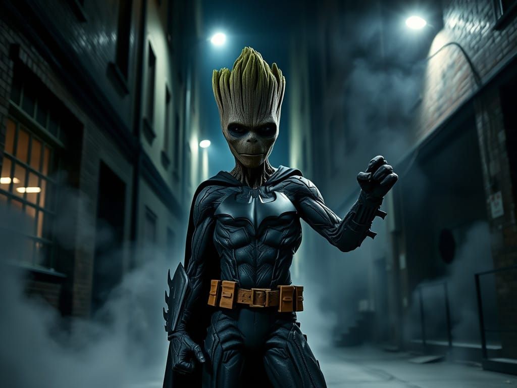 Groot as Batman in Dark Gotham City Alley