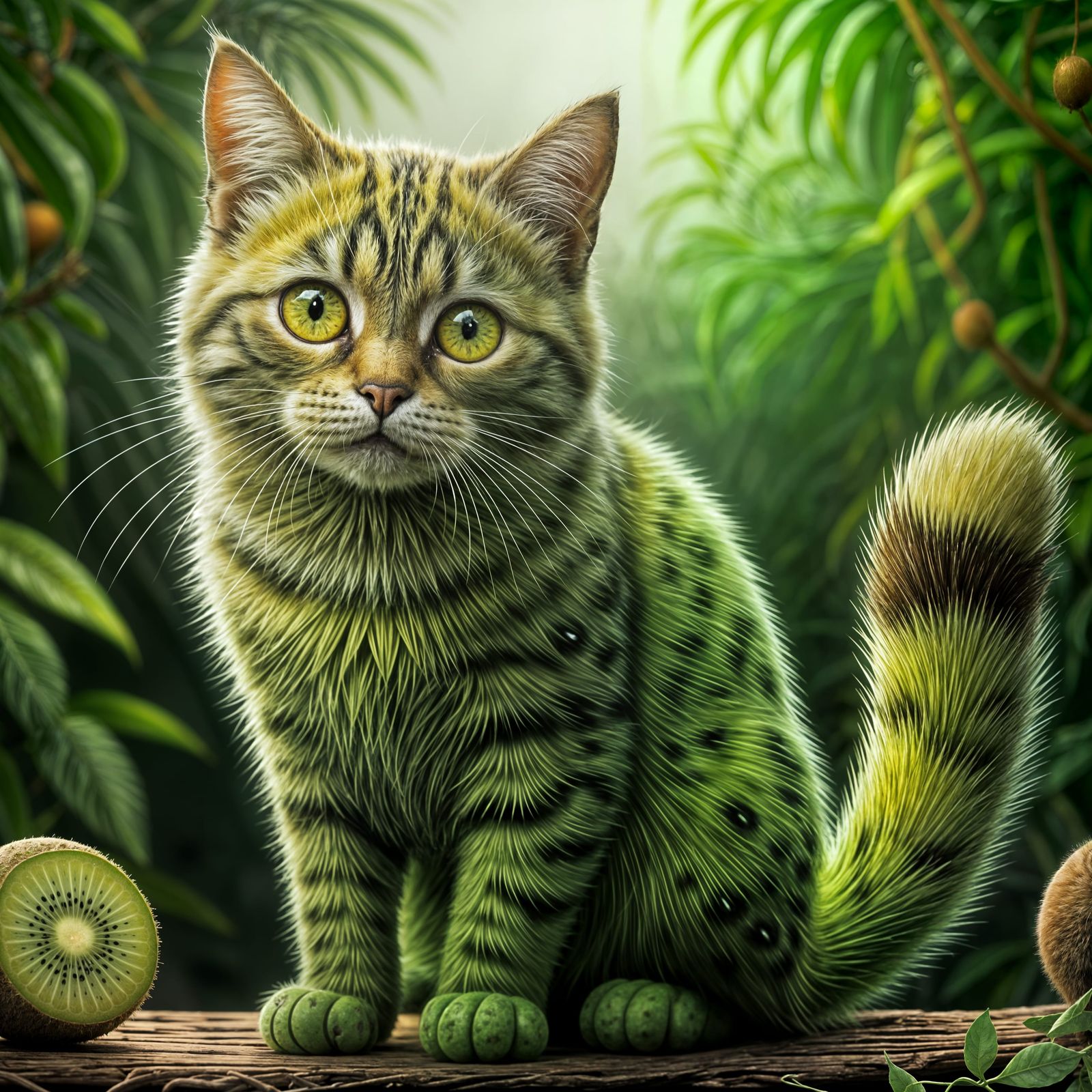 Vibrant Whimsical Kiwi Cat in Tropical Setting