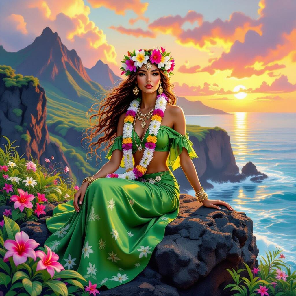 Hawaiian Goddess with Volcanic Sunset, in Spiritual Realism ...
