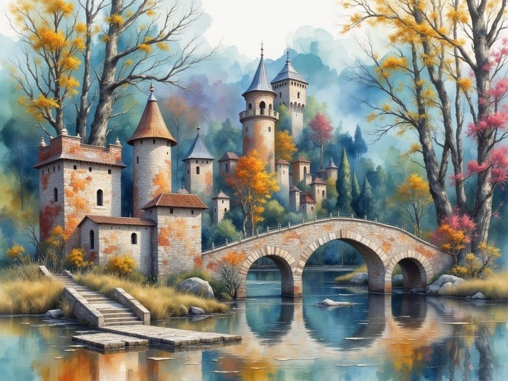 Medieval Castle and Bridge Landscape in Watercolor and Oil