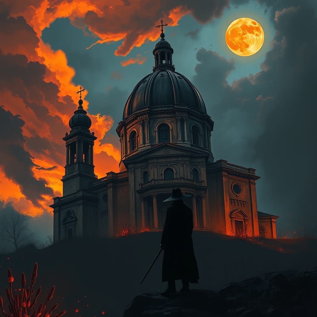 Dramatic Cathedral at Dusk in Dark Fantasy Style