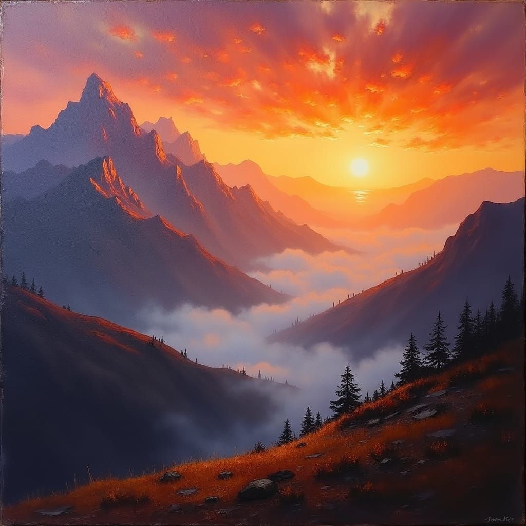 Impasto Sunset Over Misty Mountain Landscape