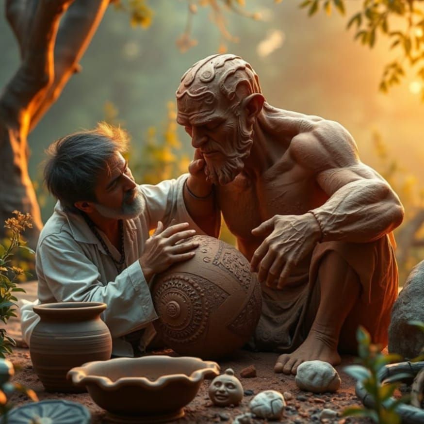 God-Like Ceramicist Sculpts Man from Clay in Eden's Garden