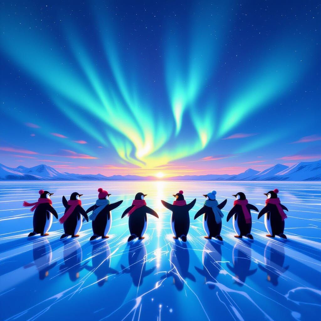 Penguins Ice Skating Under Aurora Borealis