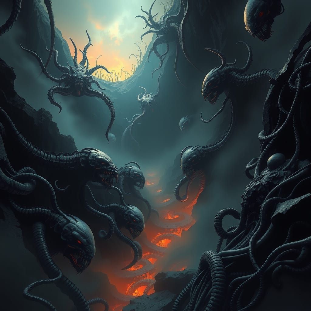 Eerie Biomechanical Trenchlands Under Alien Mist