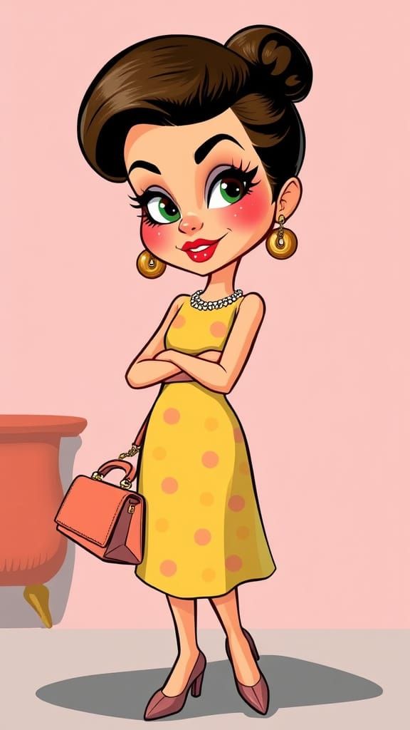 A striking cartoon figure, with exaggerated yet captivating features, sports backcombed hair that adds volume and style....